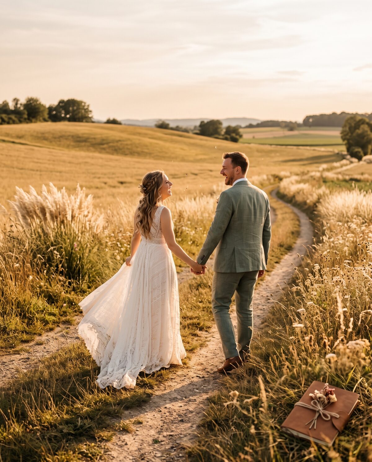 Brautpaar geht im Abendlicht Hand in Hand über einen Feldweg, Hochzeit in der Südwestpfalz