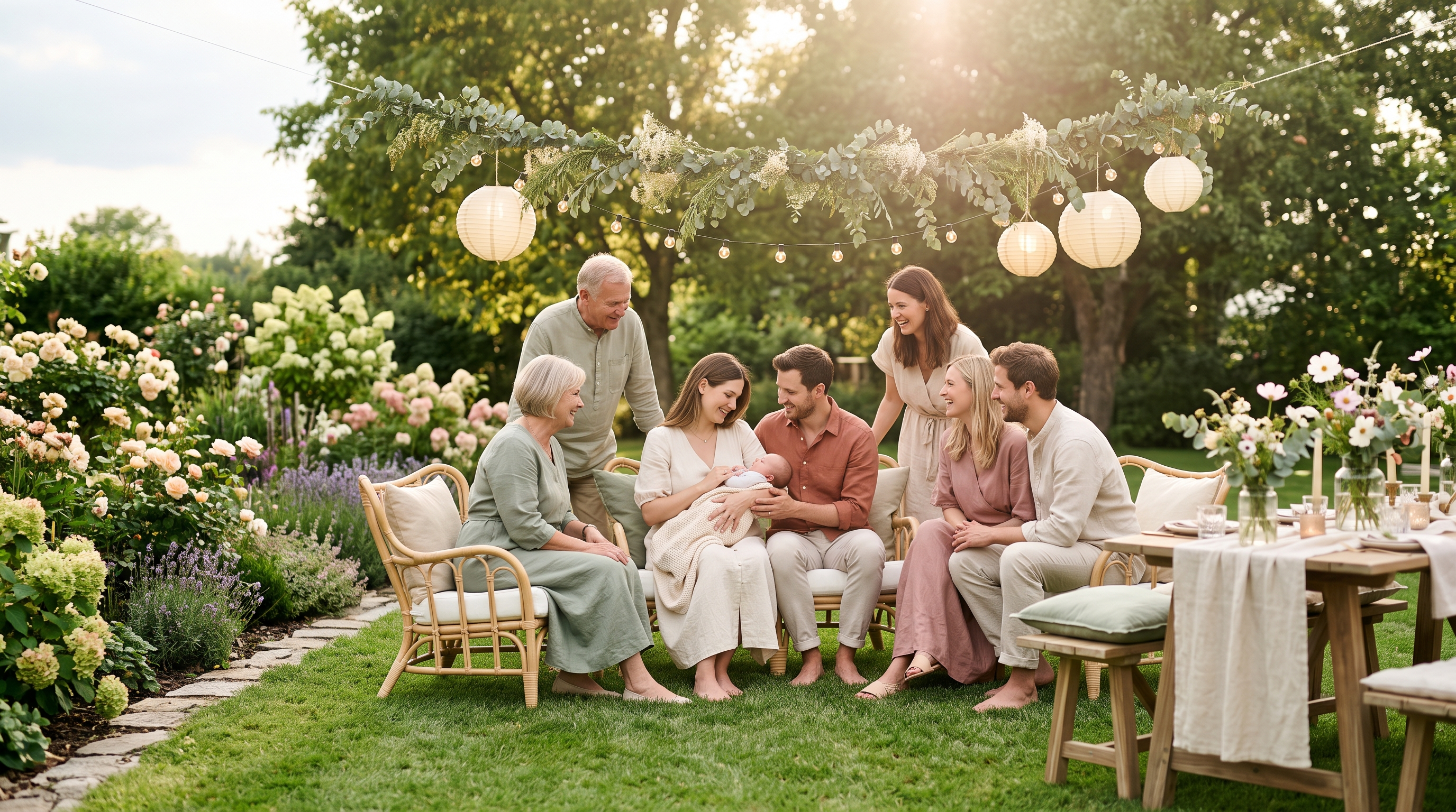 Fröhliches Kinderwillkommensfest im gepflegten Garten: Familie und Freunde feiern im engsten Kreis ein Neugeborenes bei warmem Sonnenschein